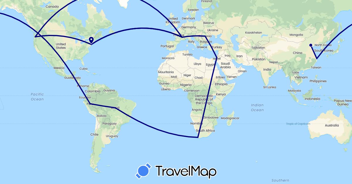 TravelMap itinerary: driving in Brazil, China, France, Israel, Peru, Romania, United States, South Africa (Africa, Asia, Europe, North America, South America)